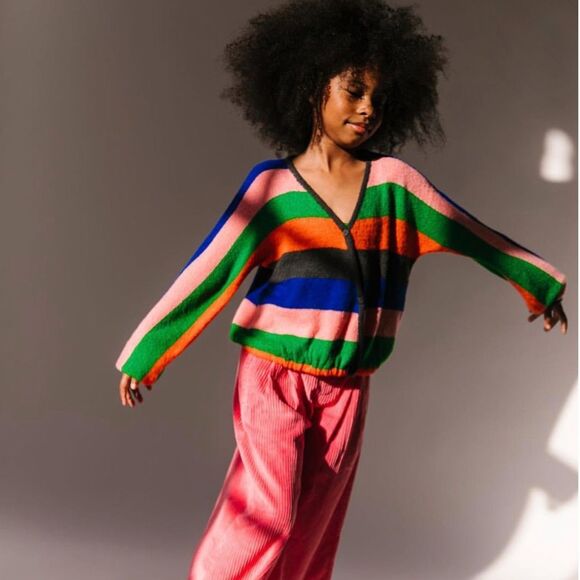 Nordstrom Stem Girl's Striped Fuzzy Knit Colorblock Cardigan in Multi | Size 8 - Picture 1 of 7